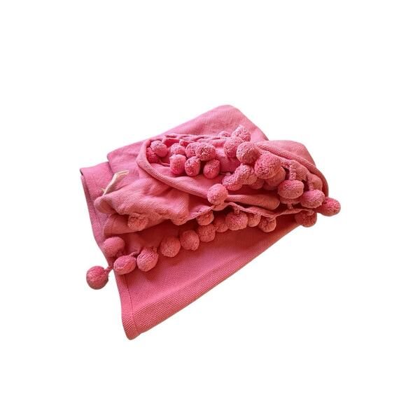 Pottery Barn Teen PINK Throw Blanket Organic Cotton pom poms - Picture 1 of 6